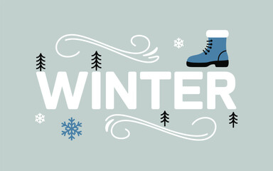 Minimalist Winter Illustration with Snow Boot, Pine Trees and Blowing Wind Swirls