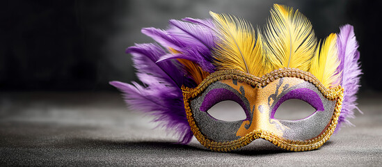Colorful traditional carnival mask decorated with feathers placed on a wooden table, minimal festive composition with copy space suitable for carnival design and celebration themes.