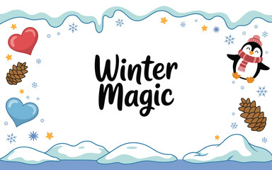 Winter Magic Banner with Cute Penguin, Pine Cones, Hearts and Snowflakes