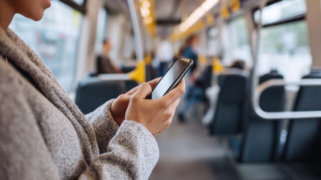 Commuter using mobile app on smartphone while traveling on public transport. Hands holding phone inside modern train. Mobile technology, urban lifestyle, digital communication concept - Powered by Adobe