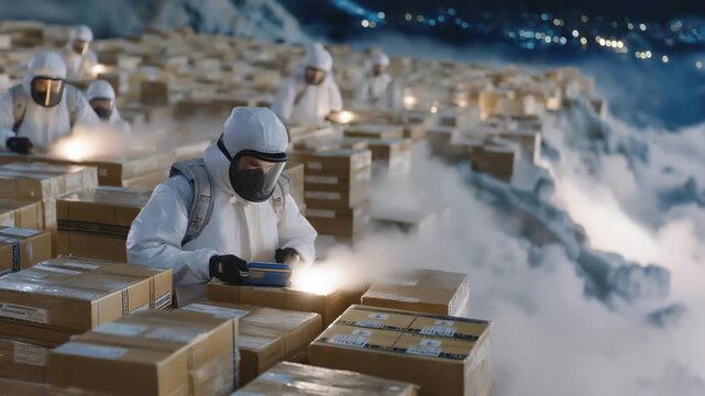 A cryogenic freezer warehouse storing vaccines in long rows of ultra-low-temperature units, workers in insulated suits scanning barcodes through drifting vapor &mdash; pharmaceutical logistics,