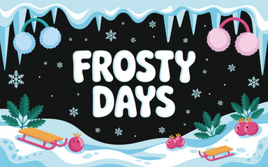 Frosty Days Winter Scene with Sleds, Earmuffs and Red Berries under Icicles