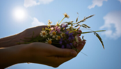 Womans hands holding wildflowers bouquet with flowers in blue sky