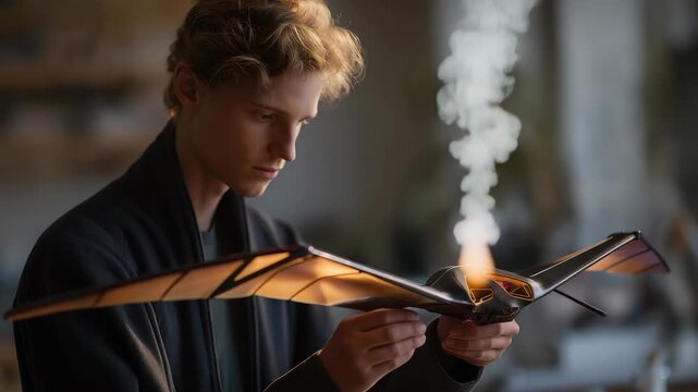 A designer testing airflow over a 3D-printed drone wing inside a compact laboratory tunnel, colored vapors revealing lift, drag, and turbulence patterns &mdash; aerospace innovation, unmanned vehicle