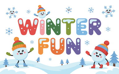 Winter Fun Colorful Cartoon Illustration with Happy Snowman Characters and Snowflakes on Snowy Hills