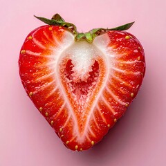 Heart Shaped Strawberry Slice on Pink Background Close Up