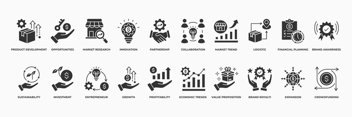 Business Opportunities icon set solid style collection. with Product Development, Opportunities, Market Research, Innovation, Partnership, Collaboration, Market Trend, Logistic icon.