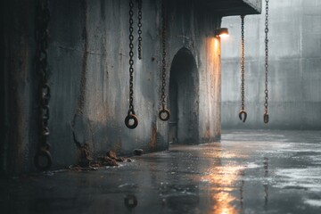 Chains and hooks hang from a concrete wall in darkness Generative AI