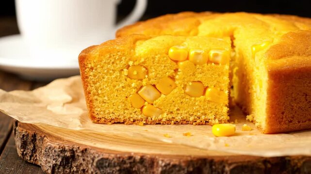 Cornbread slice with kernels - A close-up shot displays a slice of cornbread filled with corn kernels, resting on a piece of parchment paper on a wooden board.