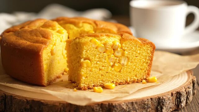 Cornbread with Corn Kernels - A round cornbread is cut open to reveal corn kernels baked inside, placed on parchment paper on a wooden plate.
