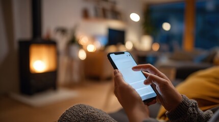 Hands typing message on smartphone while relaxing at home. Mobile chat app on screen with cozy living room background, evening lighting and modern digital communication concept