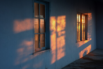 Soft light shines through boarded windows at sunset Generative AI