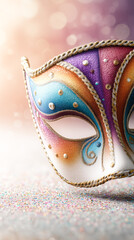 Colorful masquerade mask displayed against a blurred festive background, symbolizing carnival celebration, mystery, costume culture and joyful holiday atmosphere.