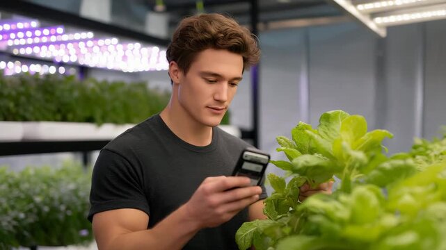 A hydroponic gardener checking nutrient solution pH in a modern indoor farm, LED grow lights glowing purple as readings display on a handheld device &mdash; sustainable agriculture, plant health