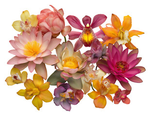 Assortment of Vibrant Lotus and Orchid Flowers in Various Hues isolated on a transparent background floral