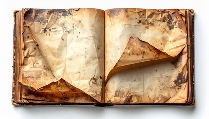 Open Antique Book with Brown Torn Pages on White Background Still Life