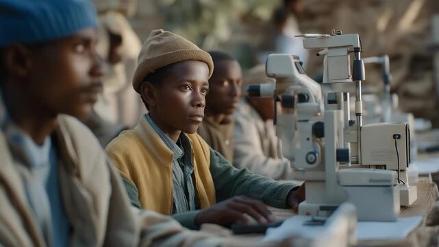 A mobile eye-care clinic performing vision tests in a desert village, ophthalmologist adjusting lenses as patients lean into diagnostic machines &mdash; global health mission, vision restoration access,
