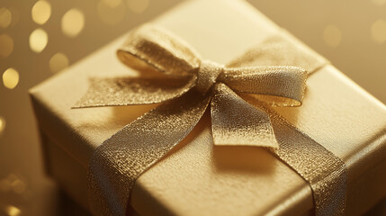 Elegant golden gift box with ribbon for festive celebration and surprise concept