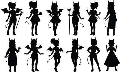 Fototapeta premium Collection of devil character silhouettes in various poses and outfits