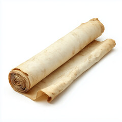 Fototapeta premium Rolled Parchment Paper Scroll Partially Unrolled Isolated on White Background, Vintage Manuscript Texture for History, Medieval Document and Classic Design