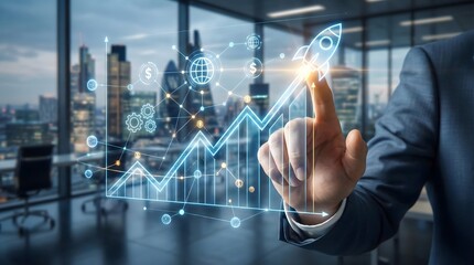 Futuristic digital business growth chart with rocket startup icon,technology innovation,finance analytics,cityscape office background,investment success