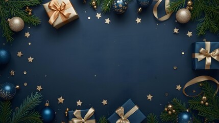 Festive Frame: An array of wrapped gifts, sparkling ornaments, and fresh evergreen boughs, arranged around a navy backdrop. A visual invitation to the holidays