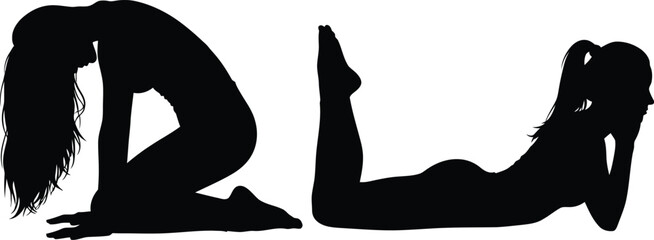Two women in yoga poses forming the letters d and u