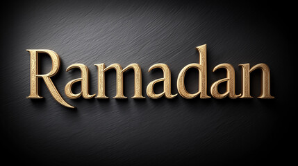 Word Ramadan made of gold metallic letters on a dark background. Elegant greeting card design concept for the holy Muslim month, suitable for invitations and festive visuals.