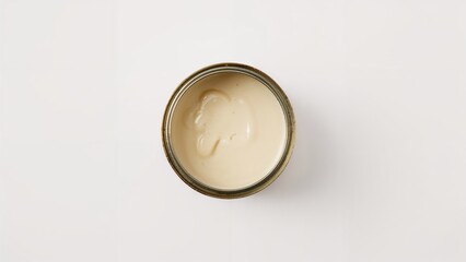 Fototapeta premium A jar of creamy substance viewed from above on a plain background.