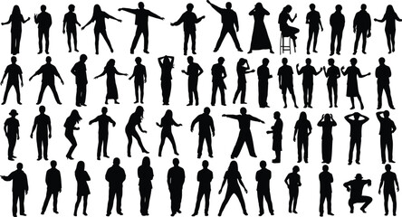 Collection of diverse human silhouettes in various poses and actions