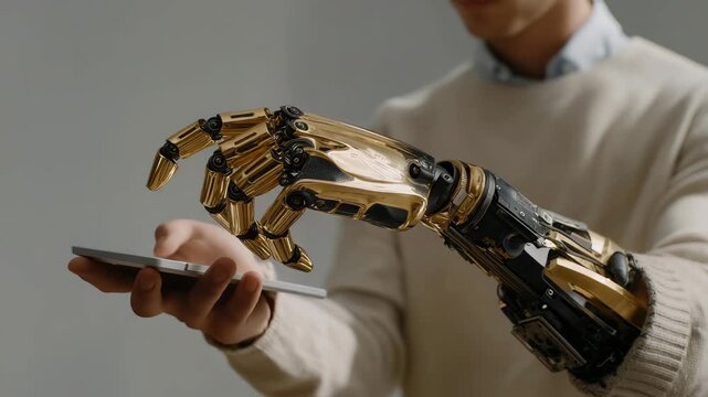 A robotics engineer fine-tuning a robotic arm using a handheld controller, each micro-adjustment reflected in precise servo movements &mdash; automated manufacturing control, precision engineering, and