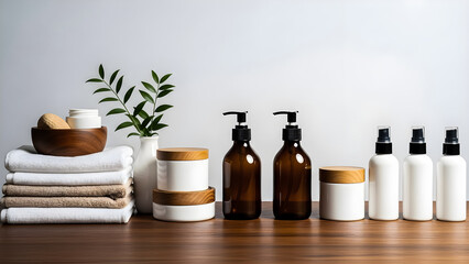 Assortment of elegant spa and cosmetic packaging including amber pump bottles white jars with wooden lids and stacked soft towels ready for product photography