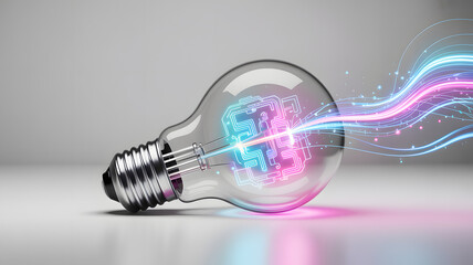 Clear glass light bulb with glowing digital circuitry inside, energy flowing out, concept of digital idea or innovation