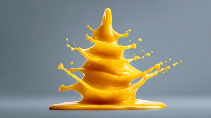 Vibrant yellow paint splash creating dynamic shapes against a smooth gray background, showcasing fluid motion and artistic expression in a visually striking composition