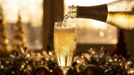 Champagne pouring into glass with festive golden bokeh background
