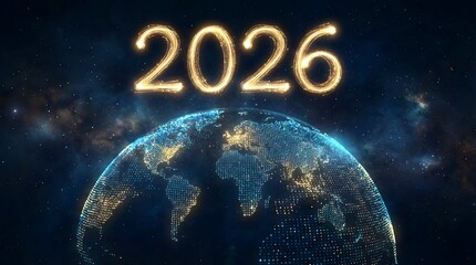 Sparkling 2026 new year celebration over digital Earth,global connection and futuristic countdown for the future
