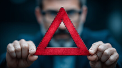 Bright red warning triangle held by a man in a suit during an urban evening