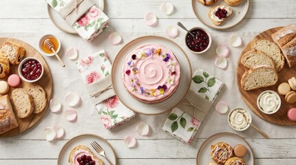Cake with edible flowers and breakfast spread on wooden table