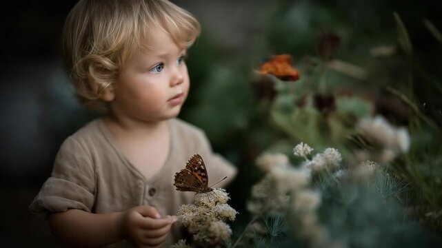 A toddler gently touching a butterfly perched on a flower during a garden walk, eyes wide with astonishment &mdash; nature connection, early curiosity, and magical childhood moments. cinematic color