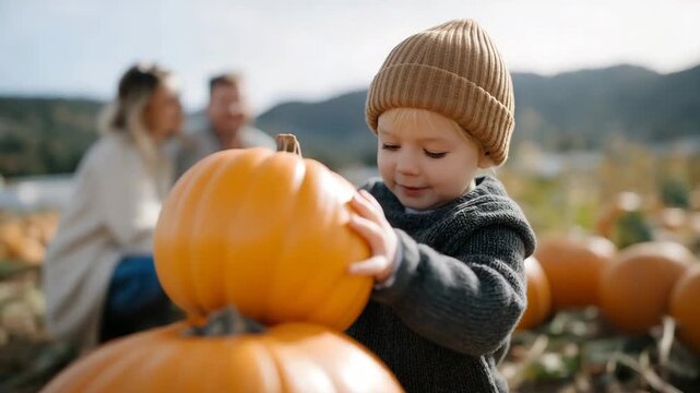 A toddler waddling through a pumpkin patch wearing a fuzzy hat, trying to lift a pumpkin twice their size while family members chuckle behind them &mdash; seasonal childhood traditions, outdoor family