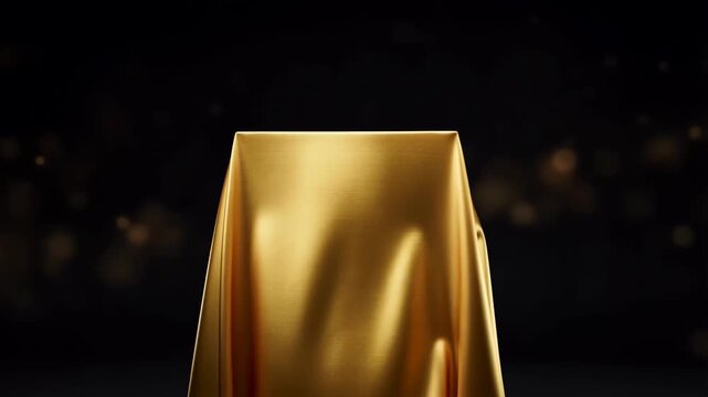 Golden draped object on a dark background, creating a sense of mystery and anticipation for a reveal. Ideal for promotional and award presentations