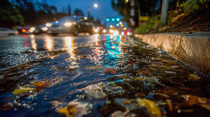 Rainwater and plastic waste floating toward a storm drain. Blurred headlights of cars in the background. Problem of urban pollution.