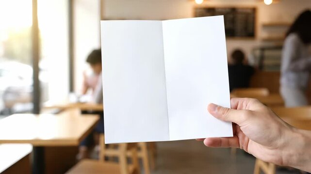 Hand Holding Blank Card in Coffee Shop - A man's hand is holding an open, blank white card or brochure in a blurred coffee shop environment. The card is clean and crisp, ready for customization.
