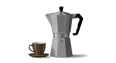 Classic stovetop coffee maker and elegant brown cup illustration, perfect for a delightful morning brew or cozy kitchen scene