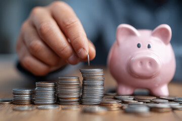 Saving change for future dreams with a pink piggy bank and coins