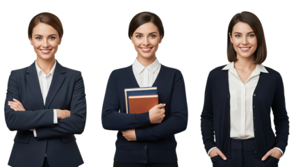 Three young businesswomen in navy blue and white against black background isolated on white transparent png background download