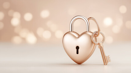 Heart-shaped lock with a key placed on a soft pink romantic background, clean composition with copy space symbolizing love, trust, relationships and Valentine&rsquo;s Day concepts.