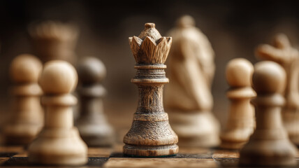 Captivating chess pieces in strategic positioning on a wooden board