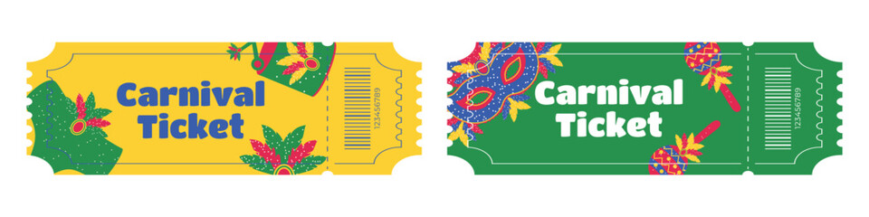 Set of entry tickets for Brazilian Carnival with masks feathers costumes drums and maracas