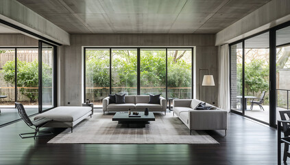 Modern living room with concrete walls and large windows overlooking a lush garden